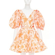ZIMMERMANN Postcard orange floral linen silk puff sleeve flare mini dress Sz0 XS