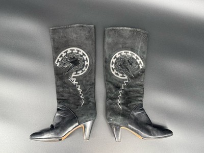 Vintage BALLY 1980s Black Suede Boots with Abstract Design, Size 7.5 US 38EU