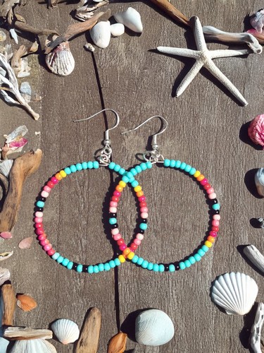 CORAL Reef BEADED Boho HOOP Earrings Turquoise Hippie Western HANDMADE Hoops - Picture 2 of 4