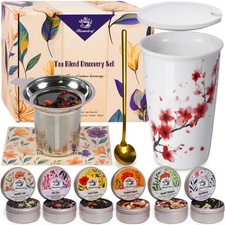 Best Harmoleaf Tea Gift Set for Women - 6 Herbal Loose Leaf Blends, Insulated