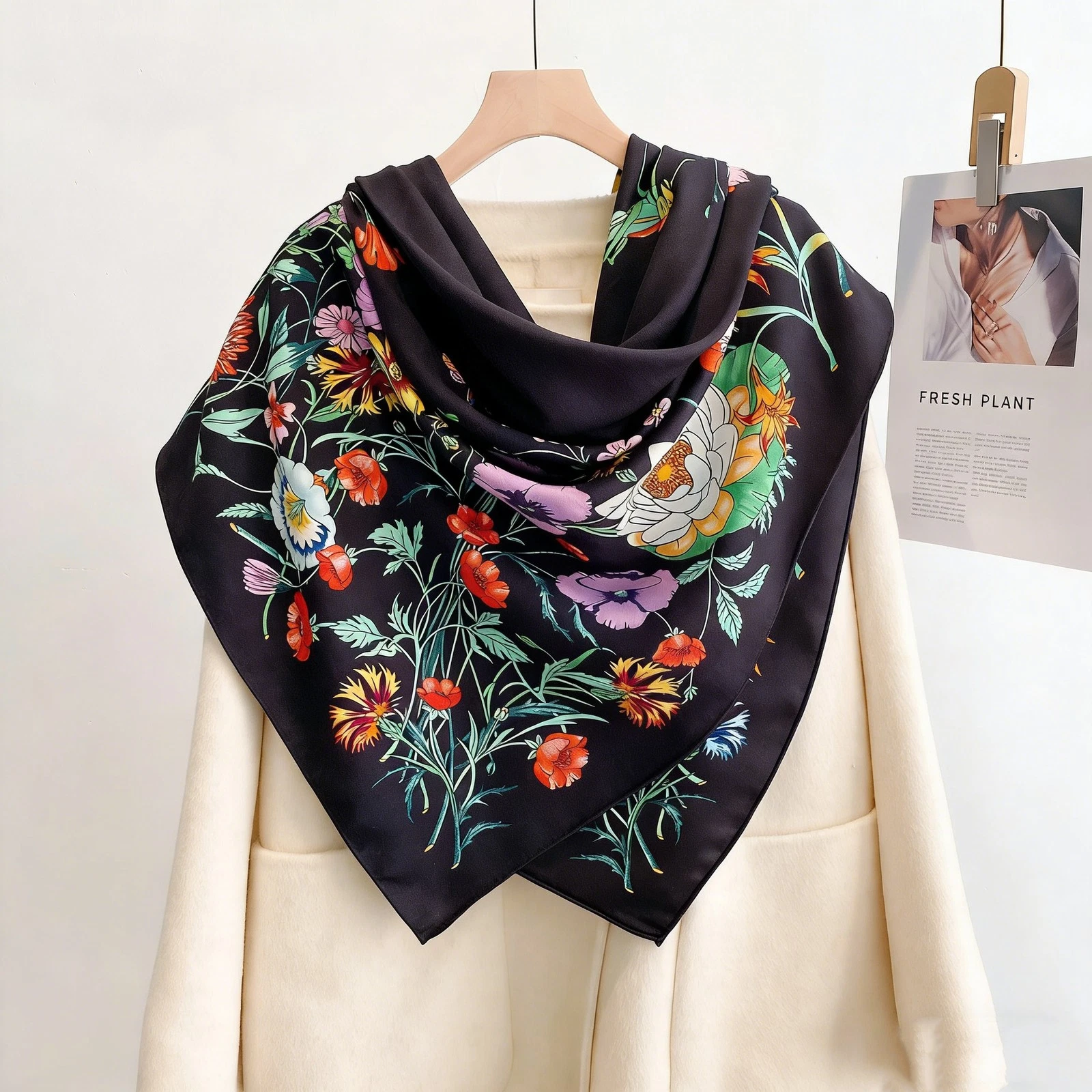 70% Cashmere 30% Silk Bandana Shawl Scarf Neckerchief 53'' Flower Print Wrap