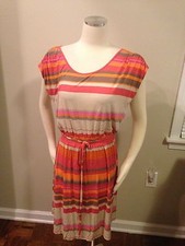Ann Taylor Loft Colorful Stripe Blouson Tie Waist Dress Medium EUC