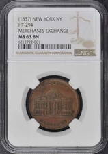 -1837 NEW YORK Hard Times Token HT-294 NY NGC MS63BN Merchants Ex.
