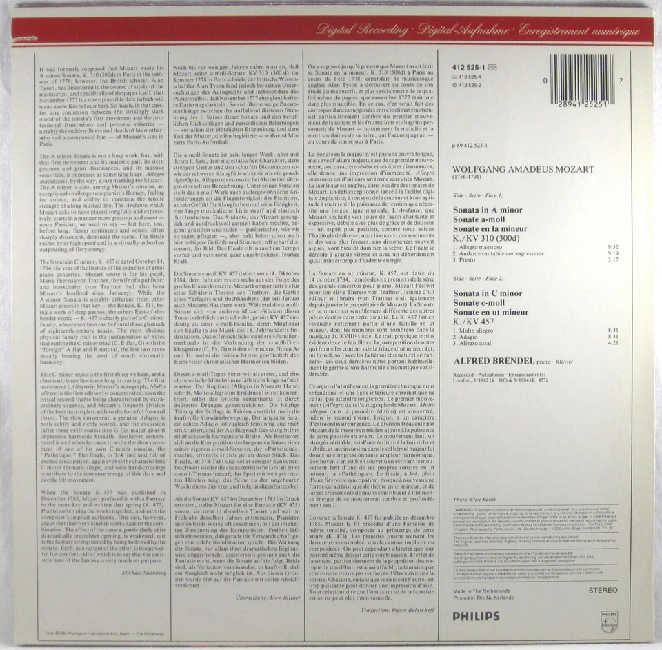 PHILIPS CLASSICS 1985 Mozart BRENDEL Piano Sonatas 412 525-1 NM - Image 3 of 3