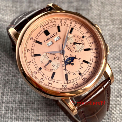 Corgeut 42mm Pink Dial Automatic Men Watch Date Week Month Display Polish Bezel