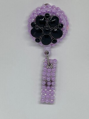 Bling Jewelry ID Badge Purple Pearls Reel With Black Flower Handmade