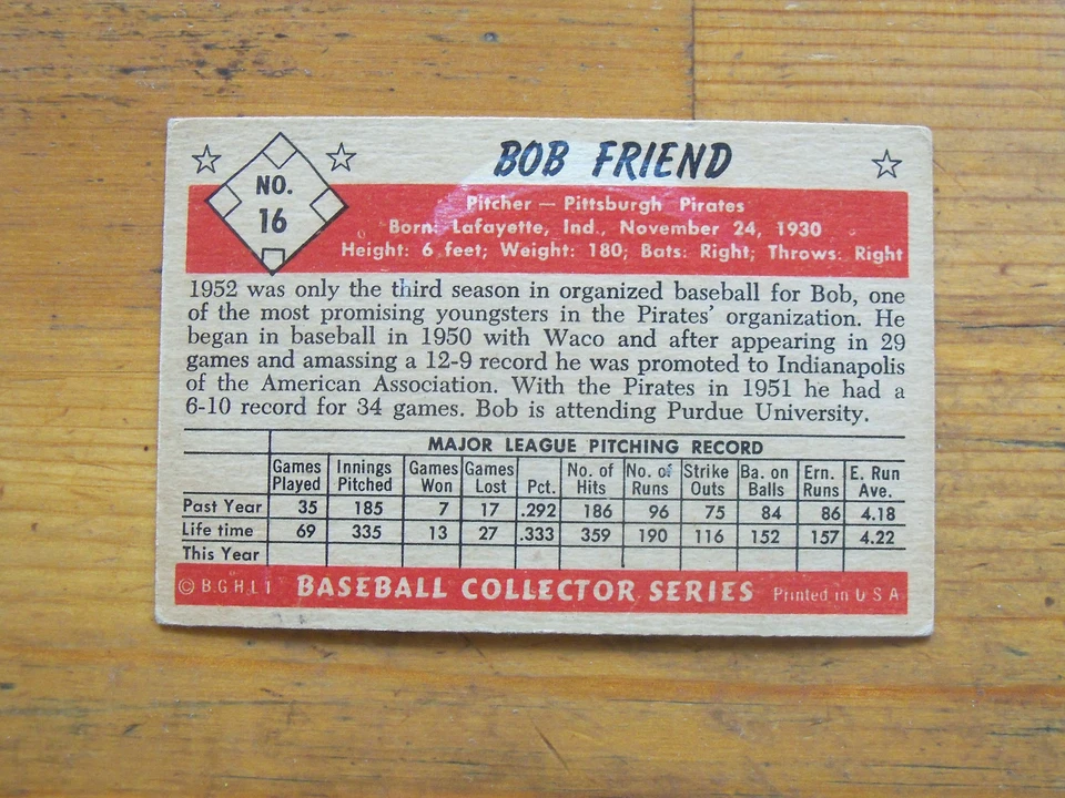 1953 BOWMAN COLOR BASEBALL BOB FRIEND CARD # 16 EX CONDITION - Image 2 of 2
