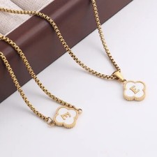 26 Initial Letter 18K Gold Plated Stainles Steel Necklace+Bracelet Clover Set 2