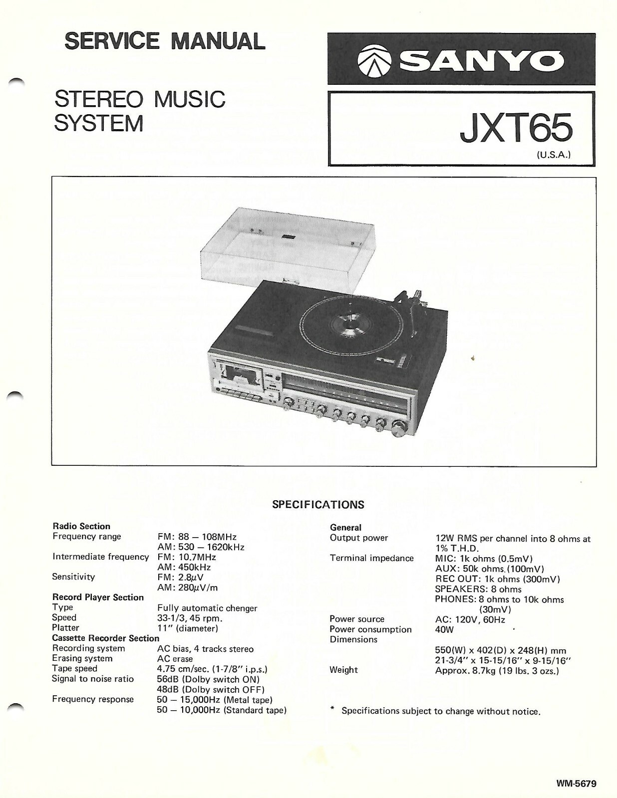 SANYO JXT65 HOME STEREO SYSTEM FACTORY REPAIR SERVICE MANUAL ENGLISH
