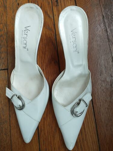 Versani 6.5 B Women's Slip On Heels White Open Back Mules Italy Pointed Toe