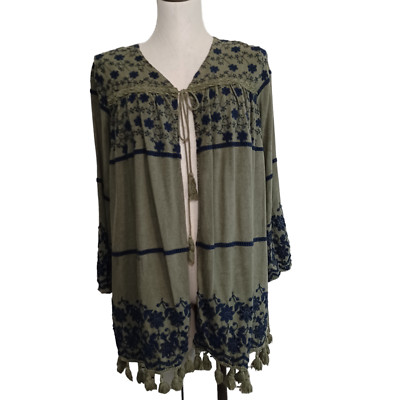 Indigo Thread Cardigan Womens Small Green Embroidered Tie Front Topper Bohemian