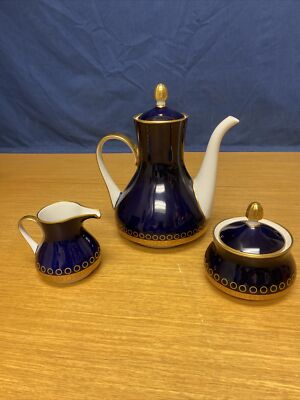 Rare 3pc WEIMAR Harmonie 7328 Echt Kobalt Blue/Gold Coffee Pot w/Creamer & Sugar