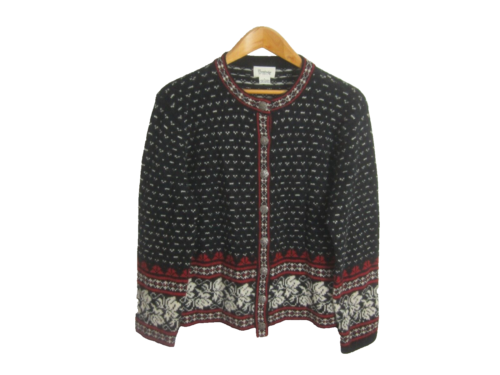 Vtg Cambridge Dry Goods Womens L Black Red Nordic 100% Wool Cardigan Sweater
