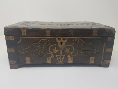 Antique Old Brass Work Hand Crafted Wooden Merchant Money Safe Trunk Box NH5457 - Picture 2 of 11