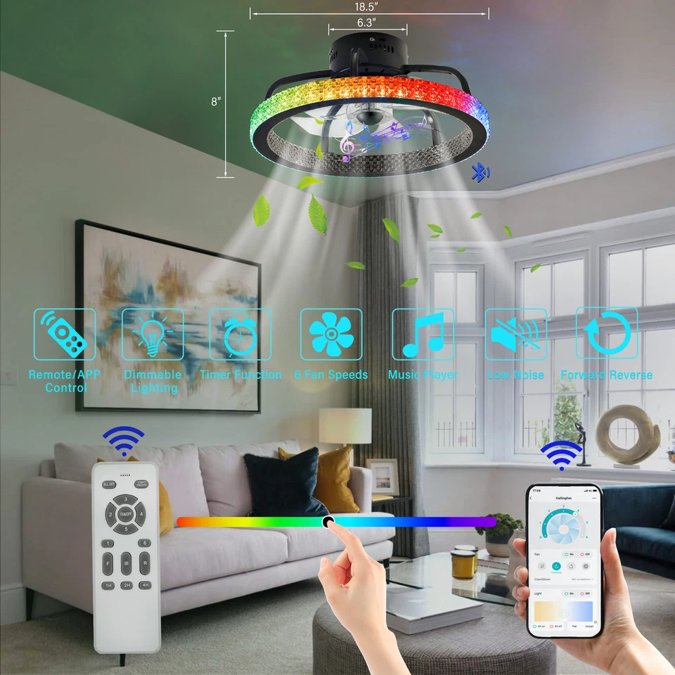 TCFUNDY Colorful LED Ceiling Fan Light with Music Player APP & Remote Control - Image 2 of 4