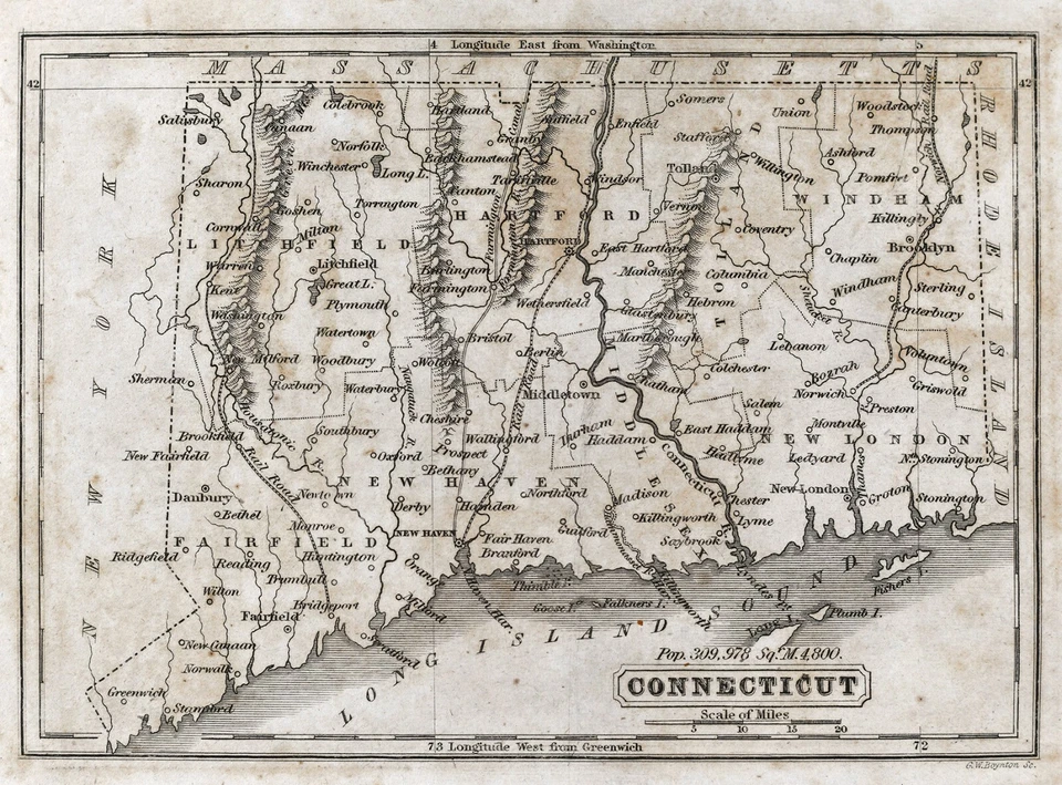 Mapa Boynton Connecticut Hartford New Haven Greenwich Stamford Stonington 1846 Foto 2 de 2