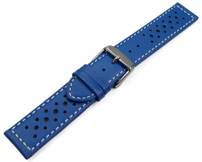 Bracelet montre cuir de veau perforé surpiqué bleu 16mm 18mm 20mm 22mm NEUF - Photo 1/3