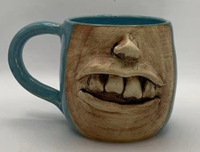Face Mug Art Pottery Signed CStarks 16oz Big Teeth. Blue Glaze