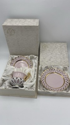 H&C Original Rosa Porzellan Gitter rosa/weiß Tasse & Untertasse + Teller, Porzellan