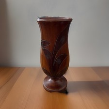 Hand Turned Hand Carved Two Toned Wooden Vase With Inlaid Floral Motif Vintage