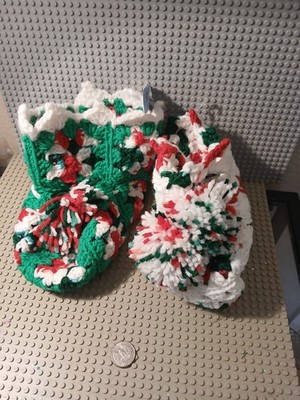 VTG Merry Christmas Handmade Crocheted Stocking Boot Bootie Granny Squares Decor