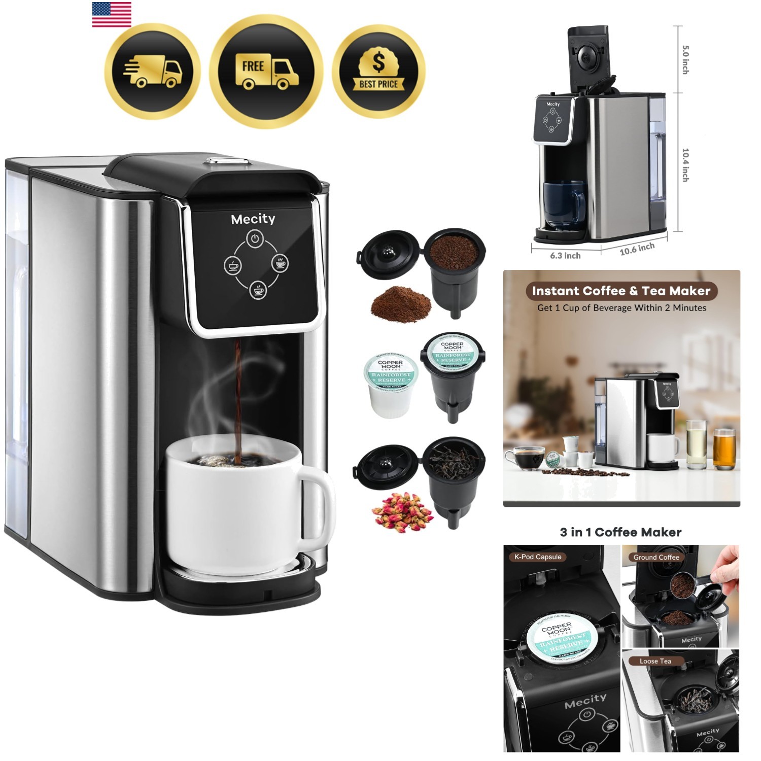 3 In 1 Single Serve Coffee Machine, Compatible With K Cup Capsul...
