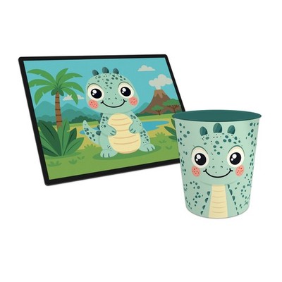 ITENGA Papierkorb Mülleimer mit Schreibunterlage DINOSAURIER Kawaii Set Kunststo