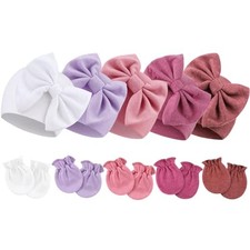 BQUBO Newborn Baby Girls Hats 5 Baby Bow Hats  5 Pairs Mittens Set 10 
