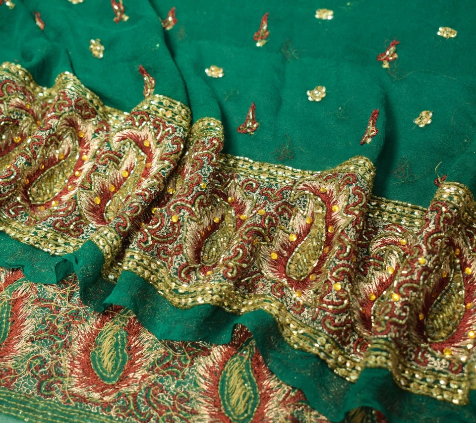 Sushila Vintage Green Dupatta Pure Georgette Glass Beads Embellish Long Stole - Image 4 of 4