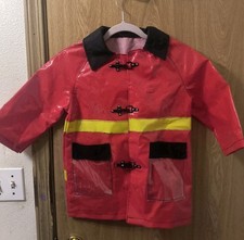 Kids Firefighter Costume Jacket Red Yellow Vinyl Coat Fire Dept Dress Up 4T 5T S
