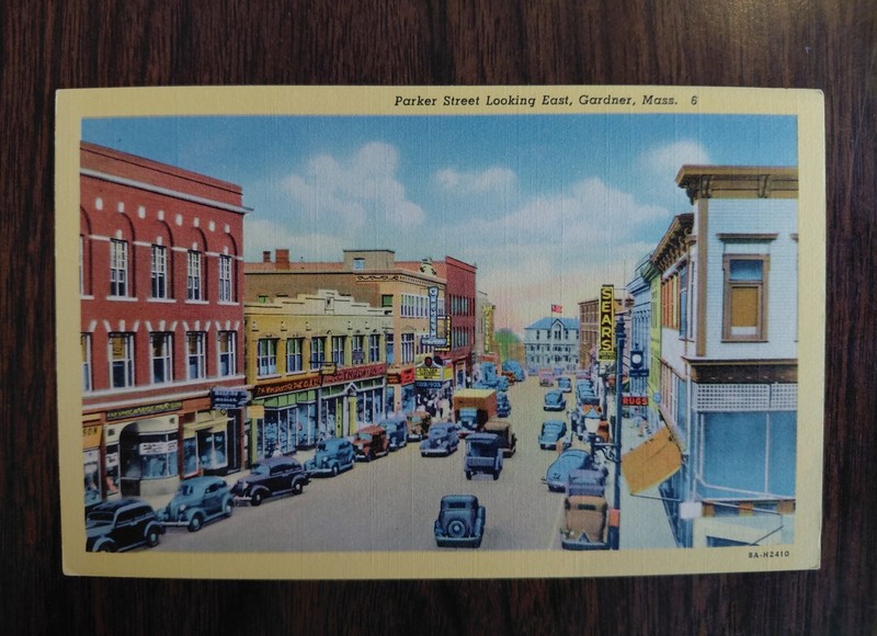 Gardner Massachusetts Parker Street looking East Vintage Curteich Linen postcard