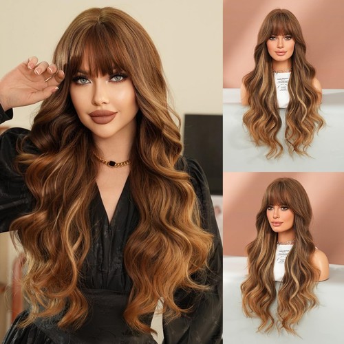 Long Wavy Brown Wig 28in Natural Heat Resistant Fiber Synthetic Curly Brown B...