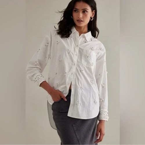 Maeve The Bennet Pearl Embellished White Button Down Shirt XS NWOT Anthropologie - Picture 4 of 19