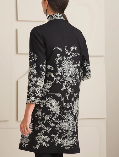 NEW Chico’s Heritage Embroidered Kimono Open Long jacket Black/ white Midi 4/6 - Picture 3 of 7