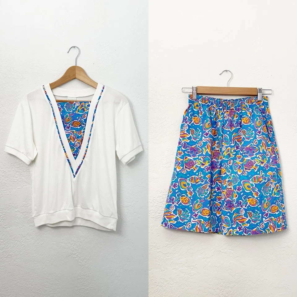 Винтажный Jantzen координации комплект Топ Бермуды шорты рыбы печати 70-х 80-х женщин M