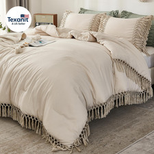 King Size Comforter Set Beige, 3 Pieces Boho Tassel Lightweight Soft Bedding Com