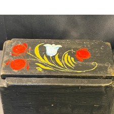 Vintage Hand Painted Wooden Trinket Box Black Floral Folk Art Keepsake Box