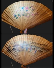 Vintage Asian Bris  Hand Fan Floral Bird  Landscape Art Scene Wood