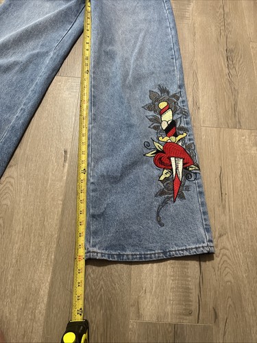 Ed Hardy Women Denim Jeans Wide Leg Y2K Love Graphic Embroidered Logo Size 26x33 - Picture 4 of 10