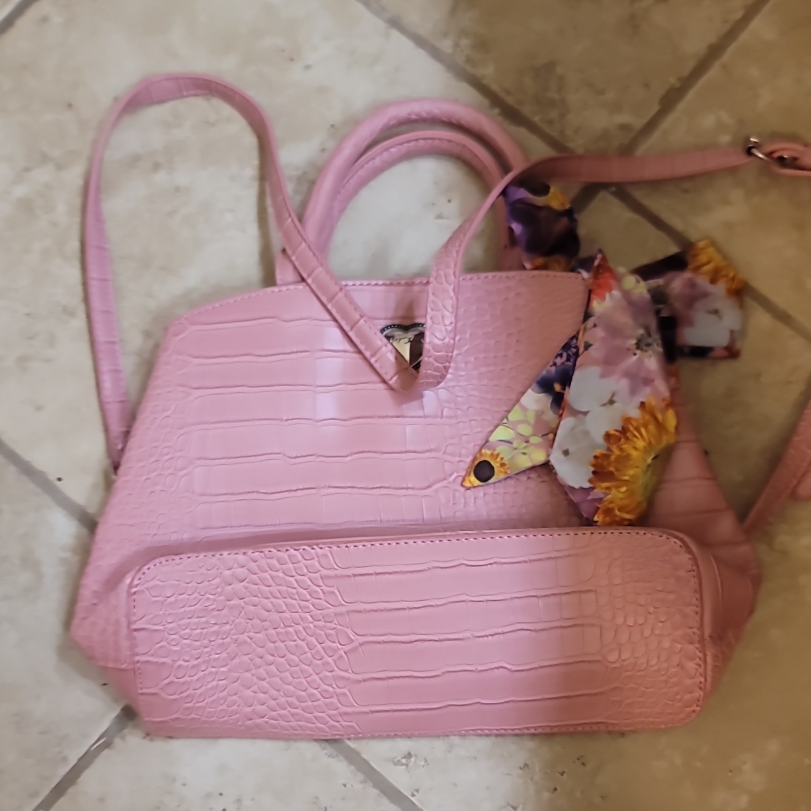 Women’s Pink Croc Embossed Satchel Top Handle Bag, Zip, Detachable Strap