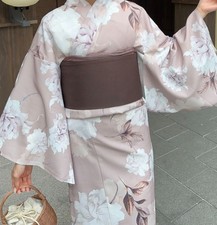 Japanese Yukata Set Women Polyester Kimono Summer Pink Brown Floral Obi Belt