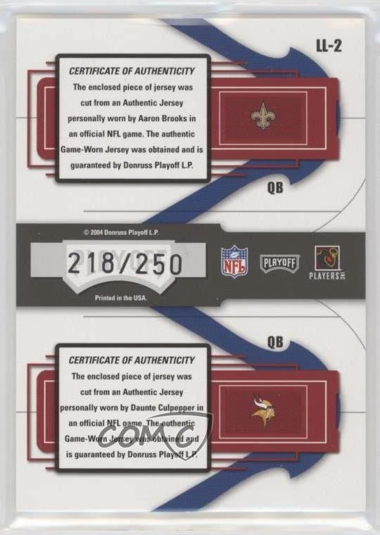 2004 Playoff Prestige League Leaders Jerseys /250 Aaron Brooks Daunte Culpepper - Image 2 of 2