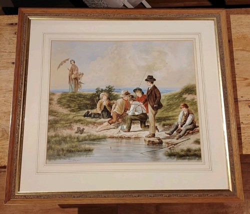 Antique Watercolour Painting "The Young Anglers" by W Fisher 1878