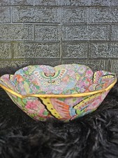 Vintage Famille Rose Scalloped butterfly bowl with gold rim Mille Fleur 9 3/4"