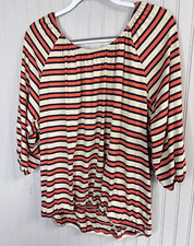 PONCE Womens TOP 3XL Boho Striped Orange Brown Peasant Puff Sleeve USA Made