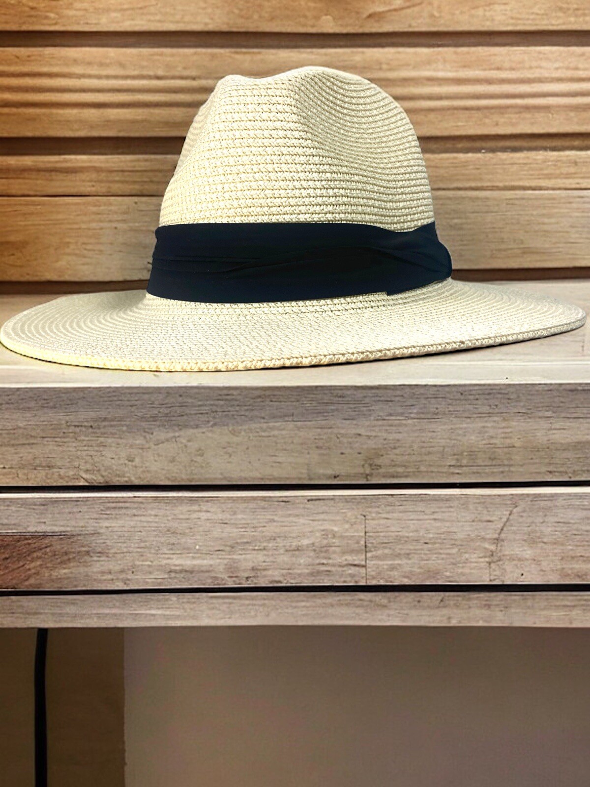 Panama Hat 90% Paper Straw Fodera wide brim Cream White black band Adjustable