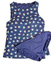 Lands End Draper James size 12 Swimsuit Blue Floral Tankini 2 Piece Navy Beachy