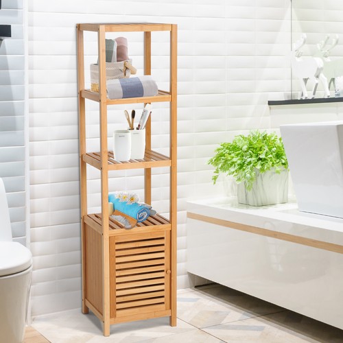 HOMCOM Mobile Alto Bagno/Terrazzo in Bambù 4 Ripiani + Armadietto 36x33x140cm - Foto 2 di 10