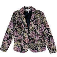 Dressbarn Purple Black Roses Floral Tapestry Button Victorian Blazer Small