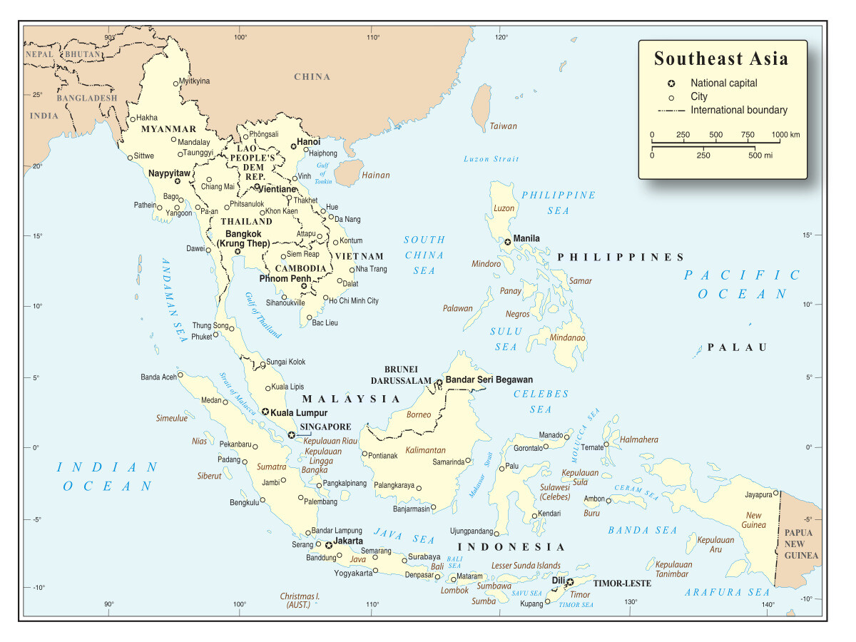 Southeast Asia Political Administrative Physical Waterways Region Map ...
